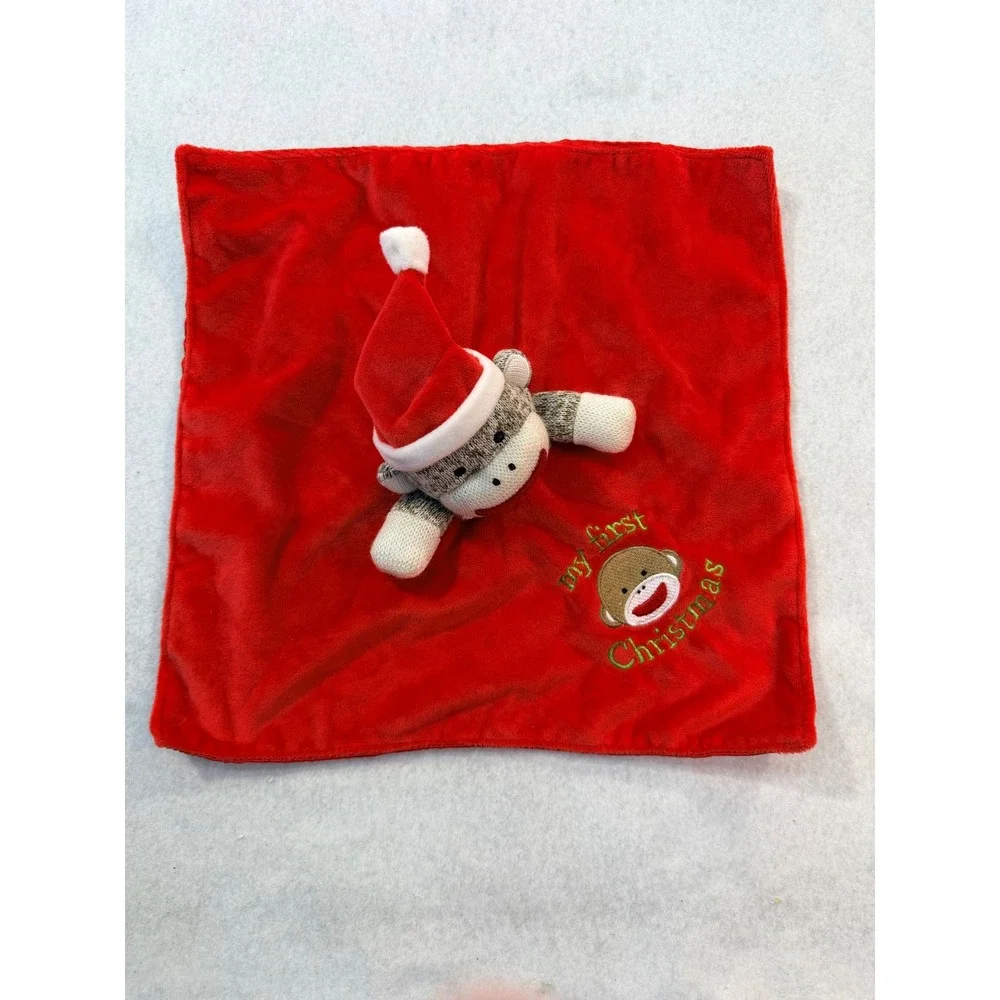 My First Christmas Sock Monkey Baby Security Blanket Red Plush Lovey Santa Hat